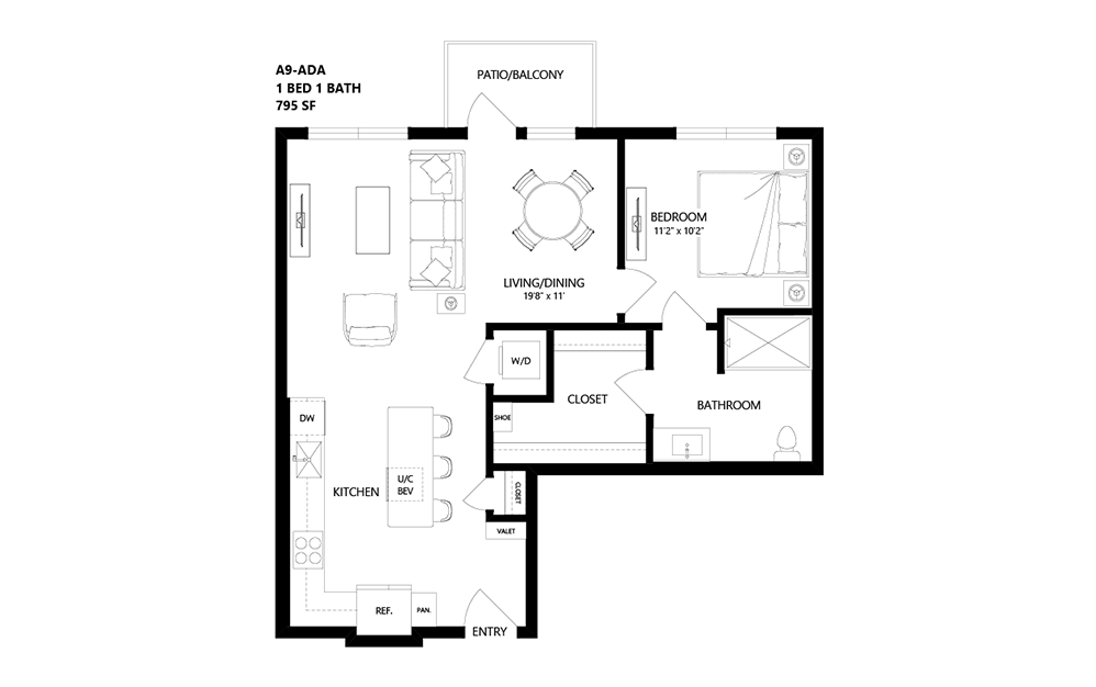 A9-ADA - 1 bedroom floorplan layout with 1 bathroom and 795 square feet