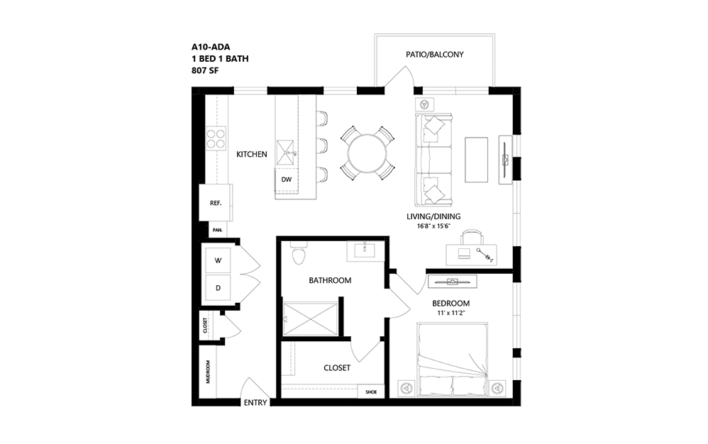 A10-ADA - 1 bedroom floorplan layout with 1 bathroom and 807 square feet