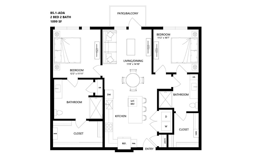 B5.1-ADA - 2 bedroom floorplan layout with 2 bathrooms and 1099 square feet